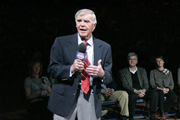 Former Detroit Pistons general manager Jack McCloskey, left, addresses the fans during a halftime ceremony where he was honored by the team during their NBA basketball game against the Cleveland Cavaliers Saturday, March 29, 2008, in Auburn Hills, Mich. McCloskey was GM when the Pistons won back to back championships. (AP Photo/Duane Burleson) Former Detroit Pistons general manager Jack McCloskey, left, addresses the fans during a halftime ceremony where he was honored by the team during their NBA basketball game against the Cleveland Cavaliers Saturday, March 29, 2008, in Auburn Hills, Mich. McCloskey was GM when the Pistons won back to back championships. (AP Photo/Duane Burleson)