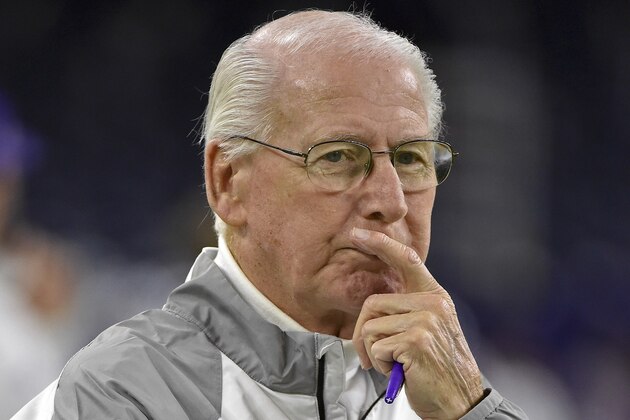 FILE - In this Dec. 28, 2016, file photo, Kansas State coach Bill Snyder watches his team warm up for the Texas Bowl NCAA college football game against Texas A&M, in Houston. Hall of Fame coach Bill Snyder has been diagnosed with throat cancer, though treatments are going well and he says in a statement that he expects to be on the field for spring practice in March. The 77-year-old Snyder addressed his health in a statement Monday, Feb. 13, 2017, after rumors began circling that he was seeking treatment for an undisclosed illness.(AP Photo/Eric Christian Smith)