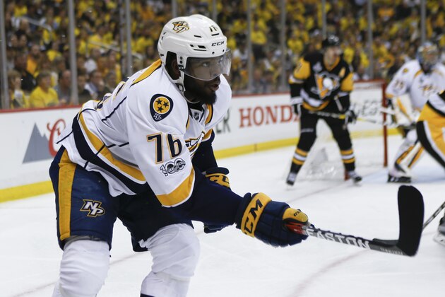 Nashville Predators' P.K. Subban (76) plays against the Pittsburgh Penguins during game 2 of the NHL Stanley Cup Finals hockey game, Wednesday, May 31, 2017, in Pittsburgh. (AP Photo/Keith Srakocic) Nashville Predators' P.K. Subban (76) plays against the Pittsburgh Penguins during game 2 of the NHL Stanley Cup Finals hockey game, Wednesday, May 31, 2017, in Pittsburgh. (AP Photo/Keith Srakocic)