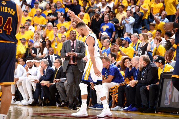 OAKLAND, CA - JUNE 1: Stephen Curry #30 of the Golden State Warriors reacts during the game against the Cleveland Cavaliers during Game One of the 2017 NBA Finals at Oracle Arena on June 1, 2017 in Oakland, California. NOTE TO USER: User expressly acknowledges and agrees that, by downloading and/or using this Photograph, user is consenting to the terms and conditions of the Getty Images License Agreement. Mandatory Copyright Notice: Copyright 2017 NBAE (Photo by Andrew D. Bernstein/NBAE via Getty Images)
