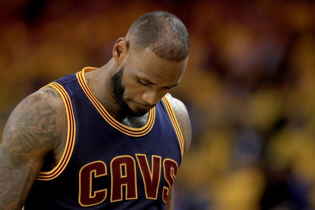 OAKLAND, CA - JUNE 01:  LeBron James #23 of the Cleveland Cavaliers reacts during Game 1 of the 2017 NBA Finals against the Golden State Warriors at ORACLE Arena on June 1, 2017 in Oakland, California. NOTE TO USER: User expressly acknowledges and agrees that, by downloading and or using this photograph, User is consenting to the terms and conditions of the Getty Images License Agreement.  (Photo by Ezra Shaw/Getty Images)