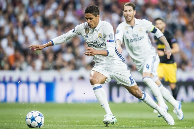 MADRID, SPAIN - MAY 02: Raphael Varane of Real Madrid in action during their 2016-17 UEFA Champions League Semifinals 1st leg match between Real Madrid and Atletico de Madrid at the Estadio Santiago Bernabeu on 02 May 2017 in Madrid, Spain. (Photo by Power Sport Images/Getty Images)