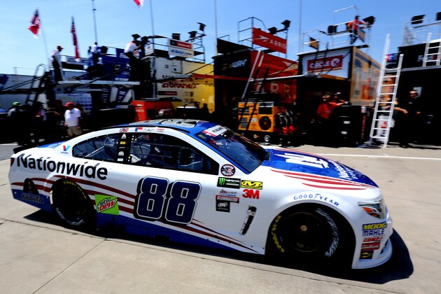 CHARLOTTE, NC - MAY 27:  Dale Earnhardt Jr., driver of the #88 Nationwide Patriotic Chevrolet, drives through the garage during practice for the Monster Energy NASCAR Series Coca-Cola 600 at Charlotte Motor Speedway on May 27, 2017 in Charlotte, North Carolina.  (Photo by Jerry Markland/Getty Images)