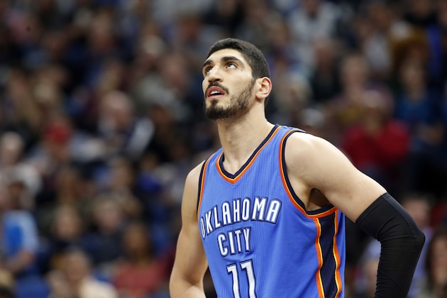 Oklahoma City Thunder's Enes Kanter of Turkey plays during the second half of an NBA basketball game against the Minnesota Timberwolves Tuesday, April 11, 2017, in Minneapolis. (AP Photo/Jim Mone)
