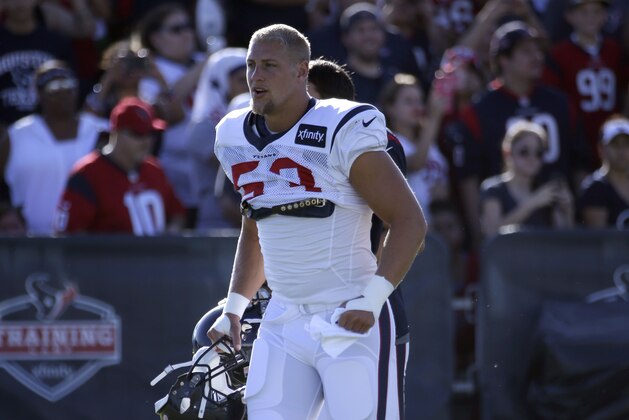 Houston Texans inside linebacker Max Bullough (53) jogs onto the field during an NFL football training camp practice Wednesday, Aug. 5, 2015, in Houston. (AP Photo/David J. Phillip)