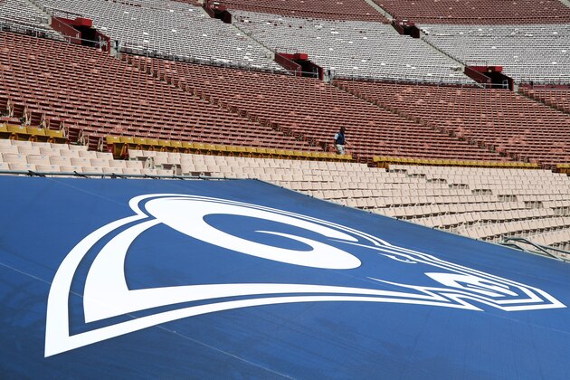 The Los Angeles Rams logo is shown at Los Angeles Memorial Coliseum prior to the opening of the gates for a preseason NFL football game between the Los Angeles Rams and the Dallas Cowboys, Saturday, Aug. 13, 2016, in Los Angles. (AP Photo/Ryan Kang)