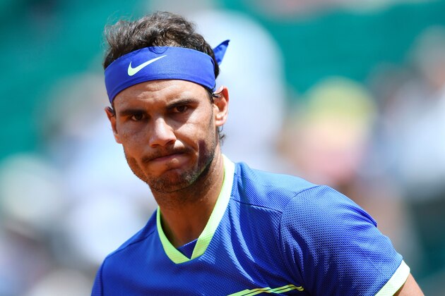 Spain's Rafael Nadal looks on as he plays against Georgia's Nikoloz Basilashvili during their tennis match at the Roland Garros 2017 French Open on June 2, 2017 in Paris.  / AFP PHOTO / Lionel Bonaventure        (Photo credit should read LIONEL BONAVENTURE/AFP/Getty Images)