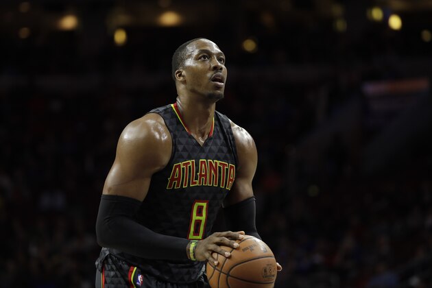 Atlanta Hawks' Dwight Howard in action during an NBA basketball game against the Philadelphia 76ers, Wednesday, March 29, 2017, in Philadelphia. (AP Photo/Matt Slocum)