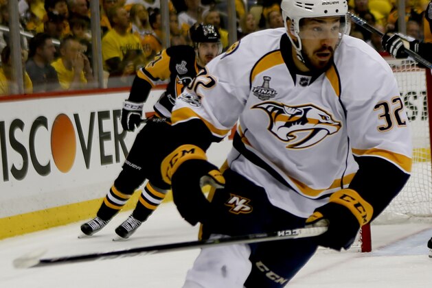 Nashville Predators' Frederick Gaudreau (32) plays against the Pittsburgh Penguins during game 2 of the NHL Stanley Cup Finals hockey game, Wednesday, May 31, 2017, in Pittsburgh. (AP Photo/Keith Srakocic)