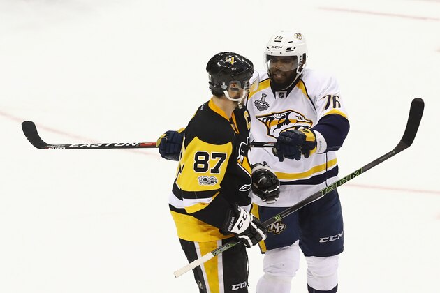 PITTSBURGH, PA - MAY 31:  P.K. Subban #76 of the Nashville Predators pushes Sidney Crosby #87 of the Pittsburgh Penguins with his stick during the second period in Game Two of the 2017 NHL Stanley Cup Final at PPG Paints Arena on May 31, 2017 in Pittsburgh, Pennsylvania.  (Photo by Bruce Bennett/Getty Images)