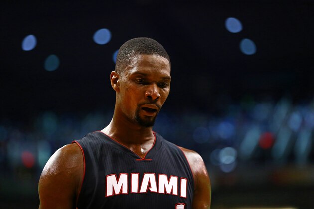 Jan 8, 2016; Phoenix, AZ, USA; Miami Heat center Chris Bosh (1) reacts against the Phoenix Suns at Talking Stick Resort Arena. The Heat defeated the Suns 103-95. Mandatory Credit: Mark J. Rebilas-USA TODAY Sports