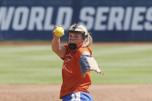 Florida's Kelly Barnhill, USA Softball Collegiate Player of the Year, pitches during a practice in Oklahoma City, Wednesday, May 31, 2017. Florida faces Texas A&M in the opening game of the Women's College World Series on Thursday, June, 1, 2017. (AP Photo/Sue Ogrocki)