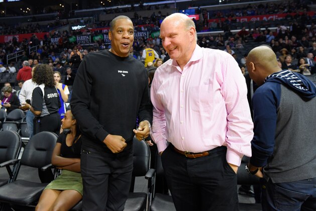 LOS ANGELES, CA - DECEMBER 07:  Jay Z (L) and Steve Ballmer attend basketball game between the Golden State Warriors and the Los Angeles Clippers at Staples Center on December 7, 2016 in Los Angeles, California.  (Photo by Noel Vasquez/Getty Images)