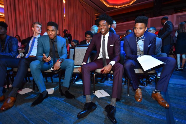 NEW YORK, NY - MAY 16:  NBA Draft Prospects, Malik Monk, De'Aaron Fox and Markelle Fultz attend the 2017 NBA Draft Lottery at the New York Hilton in New York, New York. NOTE TO USER: User expressly acknowledges and agrees that, by downloading and or using this Photograph, user is consenting to the terms and conditions of the Getty Images License Agreement.  Mandatory Copyright Notice: Copyright 2017 NBAE (Photo by Jesse D. Garrabrant/NBAE via Getty Images)
