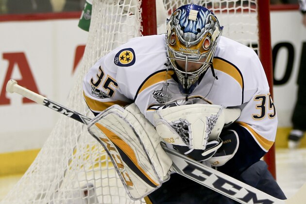 Nashville Predators goalie Pekka Rinne (35) plays against the Pittsburgh Penguins during game 2 of the NHL Stanley Cup Finals hockey game, Wednesday, May 31, 2017, in Pittsburgh. (AP Photo/Keith Srakocic)