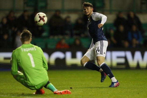 EDINBURGH, SCOTLAND - MARCH 22:  Oliver Burke of Scotland shoots at goal during the International Challenge Match between Scotland and Canada at Easter Road on March 22, 2017 in Edinburgh, Scotland. (Photo by Ian MacNicol/Getty Images)