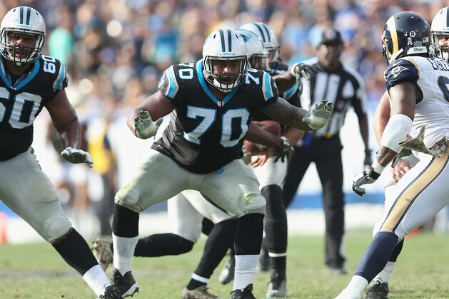 LOS ANGELES, CA - NOVEMBER 06:  Guard Trai Turner #70 of the Carolina Panthers blocks against the Los Angeles Rams at Los Angeles Coliseum on November 6, 2016 in Los Angeles, California.  The Panthers won 13-10.  (Photo by Stephen Dunn/Getty Images)