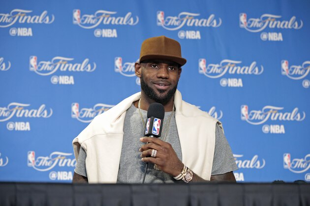 OAKLAND, CA - JUNE 1:   LeBron James #23 of the Cleveland Cavaliers talks to the media during a press conference after Game One of the 2017 NBA Finals against the Golden State Warriors on June 1, 2017 at Oracle Arena in Oakland, California. NOTE TO USER: User expressly acknowledges and agrees that, by downloading and or using this photograph, user is consenting to the terms and conditions of Getty Images License Agreement. Mandatory Copyright Notice: Copyright 2017 NBAE (Photo by Jack Arent/NBAE via Getty Images)