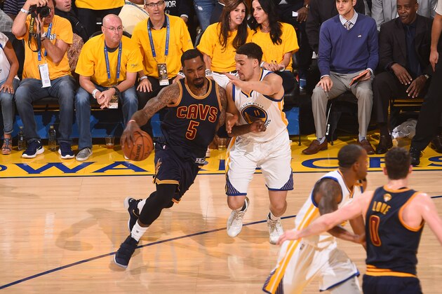 OAKLAND, CA - JUNE 1: J.R. Smith #5 of the Cleveland Cavaliers handles the ball against the Golden State Warriors in Game One of the 2017 NBA Finals on June 1, 2017 at ORACLE Arena in Oakland, California. NOTE TO USER: User expressly acknowledges and agrees that, by downloading and or using this photograph, user is consenting to the terms and conditions of Getty Images License Agreement. Mandatory Copyright Notice: Copyright 2017 NBAE (Photo by Noah Graham/NBAE via Getty Images)