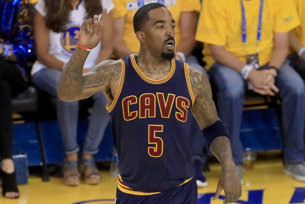OAKLAND, CA - JUNE 01:  JR Smith #5 of the Cleveland Cavaliers reacts to a play in Game 1 of the 2017 NBA Finals against the Golden State Warriors at ORACLE Arena on June 1, 2017 in Oakland, California. NOTE TO USER: User expressly acknowledges and agrees that, by downloading and or using this photograph, User is consenting to the terms and conditions of the Getty Images License Agreement.  (Photo by Ronald Martinez/Getty Images)