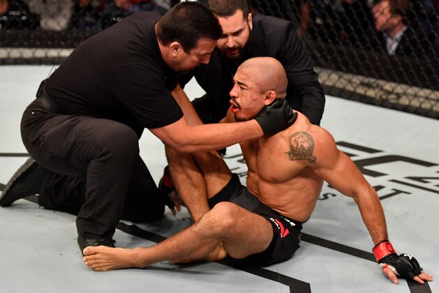 RIO DE JANEIRO, BRAZIL - JUNE 03: Jose Aldo of Brazil reacts after his TKO loss to Max Holloway in their UFC featherweight championship bout during the UFC 212 event at Jeunesse Arena on June 3, 2017 in Rio de Janeiro, Brazil. (Photo by Jeff Bottari/Zuffa LLC/Zuffa LLC via Getty Images) RIO DE JANEIRO, BRAZIL - JUNE 03: Jose Aldo of Brazil reacts after his TKO loss to Max Holloway in their UFC featherweight championship bout during the UFC 212 event at Jeunesse Arena on June 3, 2017 in Rio de Janeiro, Brazil. (Photo by Jeff Bottari/Zuffa LLC/Zuffa LLC via Getty Images)