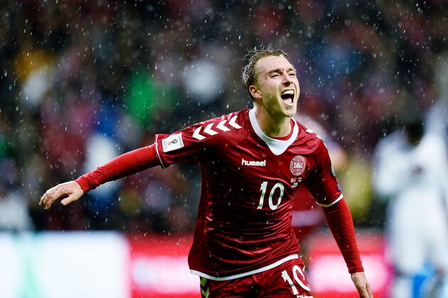 Denmark's Christian Eriksen celebrates scoring during the World Cup 2018 football qualification match between Denmark and Armenia in Copenhagen, on September 4, 2015.  / AFP / Scanpix Denmark AND Scanpix / Liselotte Sabroe / Denmark OUT        (Photo credit should read LISELOTTE SABROE/AFP/Getty Images)