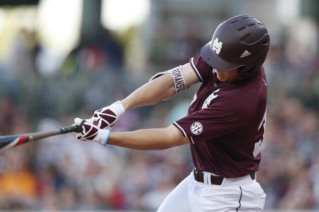 Mississippi State's Hunter Vansau (32) swings and misses at a second inning pitch against Mississippi during the Governor's Cup in an NCAA college baseball game at Trustmark Park Stadium in Pearl, Miss., Tuesday, April 25, 2017. (AP Photo/Rogelio V. Solis)