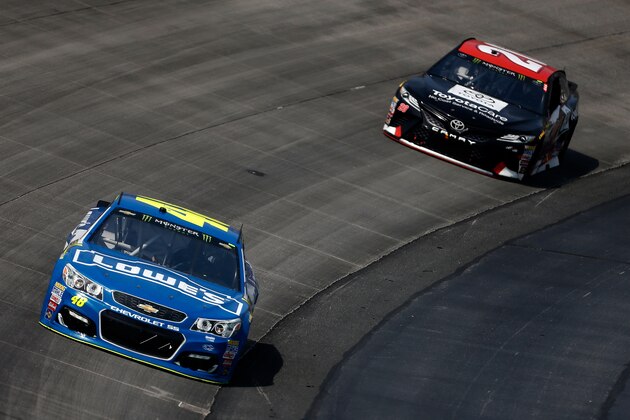 DOVER, DE - JUNE 04:  Jimmie Johnson, driver of the #48 Lowe's Chevrolet, leads Matt Kenseth, driver of the #20 ToyotaCare Toyota, during the Monster Energy NASCAR Cup Series AAA 400 Drive for Autism at Dover International Speedway on June 4, 2017 in Dover, Delaware.  (Photo by Matt Hazlett/Getty Images)