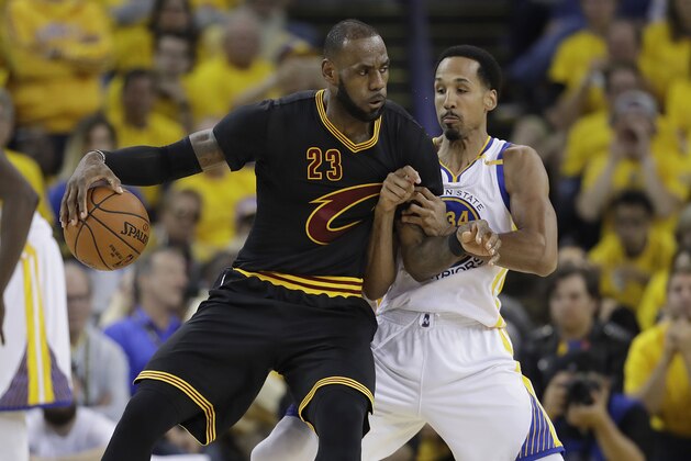 Cleveland Cavaliers forward LeBron James (23) drives on Golden State Warriors guard Shaun Livingston during the first half of Game 2 of basketball's NBA Finals in Oakland, Calif., Sunday, June 4, 2017. (AP Photo/Marcio Jose Sanchez) Cleveland Cavaliers forward LeBron James (23) drives on Golden State Warriors guard Shaun Livingston during the first half of Game 2 of basketball's NBA Finals in Oakland, Calif., Sunday, June 4, 2017. (AP Photo/Marcio Jose Sanchez)