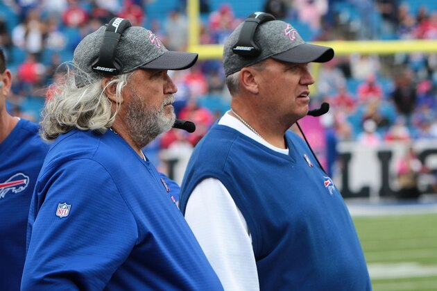 BUFFALO, NY - OCTOBER 16:  Head coach Rex Ryan of the Buffalo Bills and his brother coach Rob Ryan watch from the side lines during the second half against the San Francisco 49ers at New Era Field on October 16, 2016 in Buffalo, New York.  (Photo by Michael Adamucci/Getty Images)