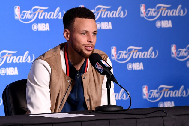 OAKLAND, CA - JUNE 04:  Stephen Curry #30 of the Golden State Warriors speaks at a postgame press conference following their 132-113 win over the Cleveland Cavaliers in Game 2 of the 2017 NBA Finals at ORACLE Arena on June 4, 2017 in Oakland, California. NOTE TO USER: User expressly acknowledges and agrees that, by downloading and or using this photograph, User is consenting to the terms and conditions of the Getty Images License Agreement.  (Photo by Thearon W. Henderson/Getty Images)