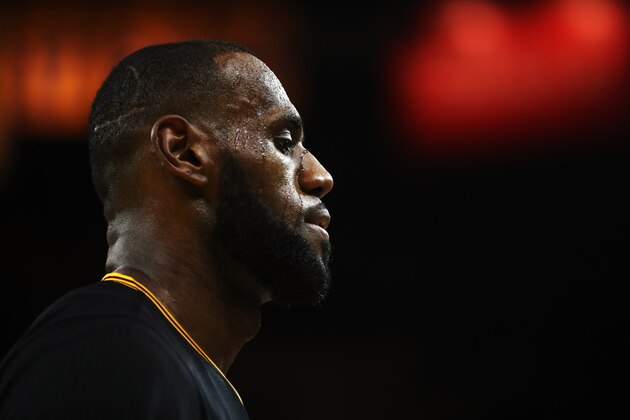 OAKLAND, CA - JUNE 04:  LeBron James #23 of the Cleveland Cavaliers reacts against the Golden State Warriors during the second half of Game 2 of the 2017 NBA Finals at ORACLE Arena on June 4, 2017 in Oakland, California. NOTE TO USER: User expressly acknowledges and agrees that, by downloading and or using this photograph, User is consenting to the terms and conditions of the Getty Images License Agreement.  (Photo by Ezra Shaw/Getty Images)