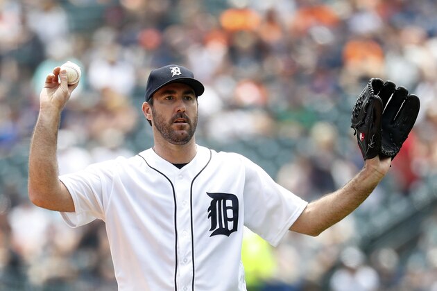 Detroit Tigers pitcher Justin Verlander calls for time against the Chicago White Sox against the Chicago White Sox in the first inning of a baseball game in Detroit, Sunday, June 4, 2017. (AP Photo/Paul Sancya)