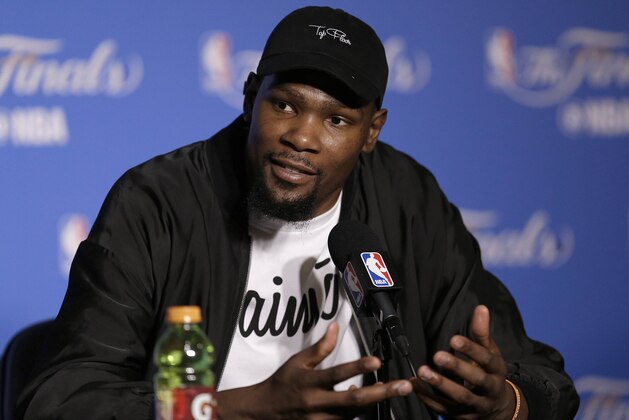 Golden State Warriors forward Kevin Durant speaks at a news conference after Game 2 of basketball's NBA Finals against the Cleveland Cavaliers in Oakland, Calif., Sunday, June 4, 2017. (AP Photo/Ben Margot)