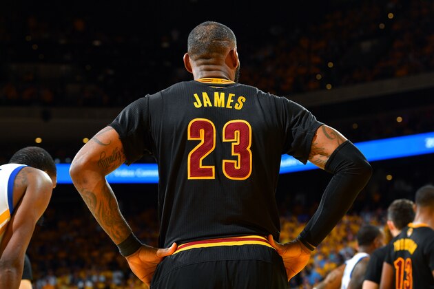 OAKLAND, CA - JUNE 4: LeBron James #23 of the Cleveland Cavaliers looks on during the game against the Golden State Warriors during Game Two of the 2017 NBA Finals at Oracle Arena on June 4, 2017 in Oakland, California. NOTE TO USER: User expressly acknowledges and agrees that, by downloading and/or using this Photograph, user is consenting to the terms and conditions of the Getty Images License Agreement. Mandatory Copyright Notice: Copyright 2017 NBAE (Photo by Jesse D. Garrabrant/NBAE via Getty Images)