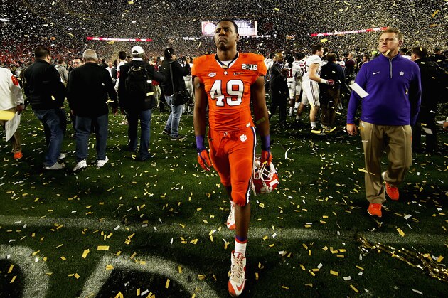 GLENDALE, AZ - JANUARY 11:  Richard Yeargin #49 of the Clemson Tigers reacts after being defeated by the Alabama Crimson Tide 45-40 in the 2016 College Football Playoff National Championship Game at University of Phoenix Stadium on January 11, 2016 in Glendale, Arizona.  (Photo by Sean M. Haffey/Getty Images)