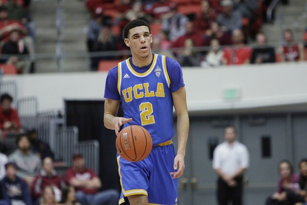 UCLA guard Lonzo Ball (2) dribbles the ball during the second half of an NCAA college basketball game against Washington State in Pullman, Wash., Wednesday, Feb. 1, 2017. (AP Photo/Young Kwak)