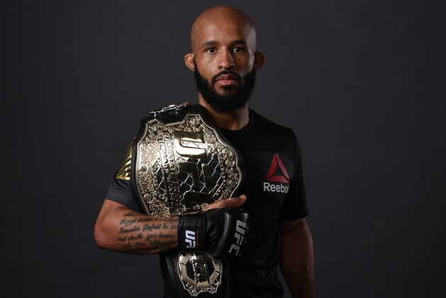 KANSAS CITY, MO - APRIL 15:  UFC flyweight champion Demetrious Johnson poses for a post fight portrait backstage during the UFC Fight Night event at Sprint Center on April 15, 2017 in Kansas City, Missouri. (Photo by Mike Roach/Zuffa LLC/Zuffa LLC via Getty Images)