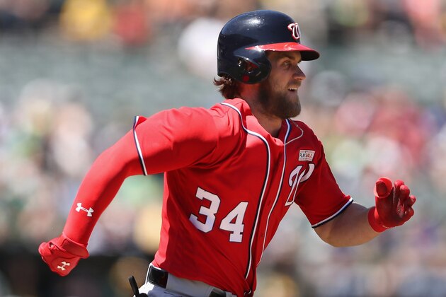 OAKLAND, AZ - JUNE 04:  Bryce Harper #34 of the Washington Nationals runs to first base to reach on a wild pitch strike out during the sixth inning of the MLB game against the Oakland Athletics at Oakland Coliseum on June 4, 2017 in Oakland, California.  (Photo by Christian Petersen/Getty Images)