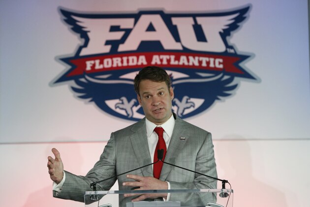Lane Kiffin gestures as he speaks after being introduced as the new Florida Atlantic head football coach, Tuesday, Dec. 13, 2016, in Boca Raton, Fla. The school announced the move on Twitter on Tuesday, a day after Alabama coach Nick Saban said his offensive coordinator was leaving to take over the Owls. It's the fourth opportunity for Kiffin to be a head coach, after an NFL stint with the Oakland Raiders and college ones at Tennessee and USC. (AP Photo/Wilfredo Lee) Lane Kiffin gestures as he speaks after being introduced as the new Florida Atlantic head football coach, Tuesday, Dec. 13, 2016, in Boca Raton, Fla. The school announced the move on Twitter on Tuesday, a day after Alabama coach Nick Saban said his offensive coordinator was leaving to take over the Owls. It's the fourth opportunity for Kiffin to be a head coach, after an NFL stint with the Oakland Raiders and college ones at Tennessee and USC. (AP Photo/Wilfredo Lee)