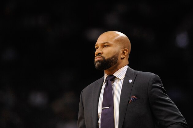 Jan 23, 2016; Charlotte, NC, USA; New York Knicks head coach Derek Fisher during the second half of the game against the Charlotte Hornets at Time Warner Cable Arena. Hornets win 97-84. Mandatory Credit: Sam Sharpe-USA TODAY Sports Jan 23, 2016; Charlotte, NC, USA; New York Knicks head coach Derek Fisher during the second half of the game against the Charlotte Hornets at Time Warner Cable Arena. Hornets win 97-84. Mandatory Credit: Sam Sharpe-USA TODAY Sports
