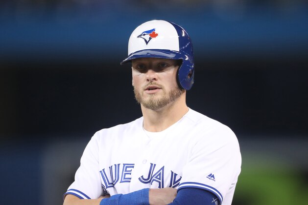 TORONTO, ON - APRIL 13: Josh Donaldson #20 of the Toronto Blue Jays waits on first base during a video replay review in the fourth inning during MLB game action against the Baltimore Orioles at Rogers Centre on April 13, 2017 in Toronto, Canada. (Photo by Tom Szczerbowski/Getty Images)