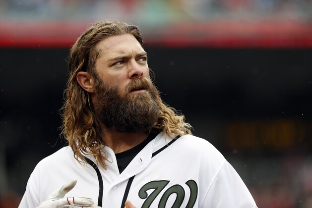 Washington Nationals left fielder Jayson Werth (28) looks at the scoreboard after a play during a baseball game against the San Diego Padres at Nationals Park, Saturday, May 27, 2017, in Washington. (AP Photo/Alex Brandon)