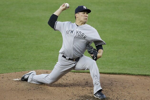 New York Yankees starting pitcher Masahiro Tanaka, of Japan, throws to the Baltimore Orioles during a baseball game in Baltimore, Wednesday, May 31, 2017. (AP Photo/Patrick Semansky)