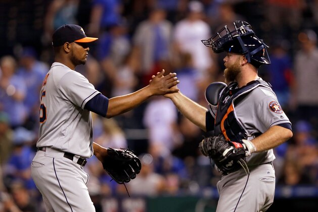 KANSAS CITY, MO - JUNE 05: Michael Feliz #45 and Brian McCann #16 of the Houston Astros congratulate each other after the Astros defeated the Kansas City Royals 7-3 to win the game at Kauffman Stadium on June 5, 2017 in Kansas City, Missouri. (Photo by Jamie Squire/Getty Images) KANSAS CITY, MO - JUNE 05: Michael Feliz #45 and Brian McCann #16 of the Houston Astros congratulate each other after the Astros defeated the Kansas City Royals 7-3 to win the game at Kauffman Stadium on June 5, 2017 in Kansas City, Missouri. (Photo by Jamie Squire/Getty Images)