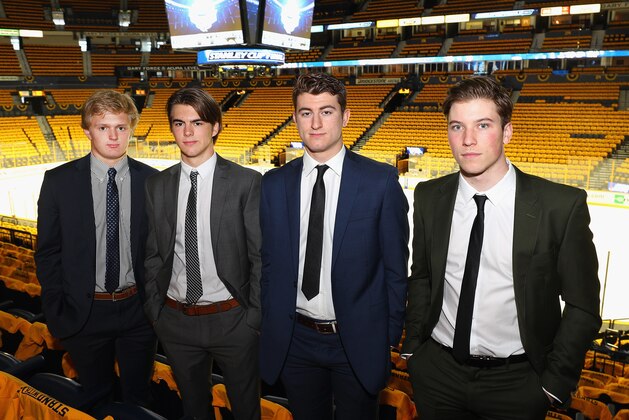 NASHVILLE, TN - JUNE 05:  (L-R) 2017 NHL draft prospects Casey Mittelstadt, Nico Hischier, Gabriel Vilardi and Nolan Patrick pose for a picture during media availability prior to Game Four of the 2017 NHL Stanley Cup Final at the Bridgestone Arena on June 5, 2017 in Nashville, Tennessee.  (Photo by Bruce Bennett/Getty Images)