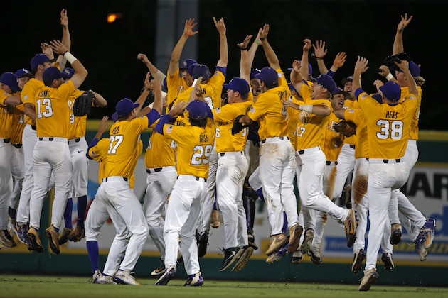 LSU celebrates their win over Rice after an NCAA college baseball tournament regional game in Baton Rouge, La., Sunday, June 4, 2017. LSU won the regional 5-0 to advance to the Super Regionals, which they will host next week. (AP Photo/Gerald Herbert)