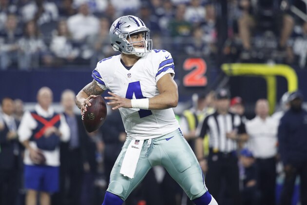 ARLINGTON, TX - JANUARY 15: Dak Prescott #4 of the Dallas Cowboys looks to pass during the NFC Divisional Playoff game against the Green Bay Packers at AT&T Stadium on January 15, 2017 in Arlington, Texas. The Packers defeated the Cowboys 34-31. (Photo by Joe Robbins/Getty Images)