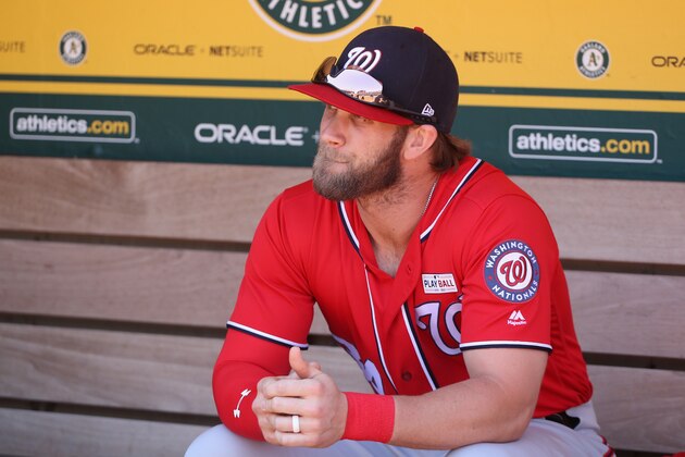 OAKLAND, AZ - JUNE 04:  Bryce Harper #34 of the Washington Nationals sits in the dugout before the MLB game against the Oakland Athletics at Oakland Coliseum on June 4, 2017 in Oakland, California.  (Photo by Christian Petersen/Getty Images)