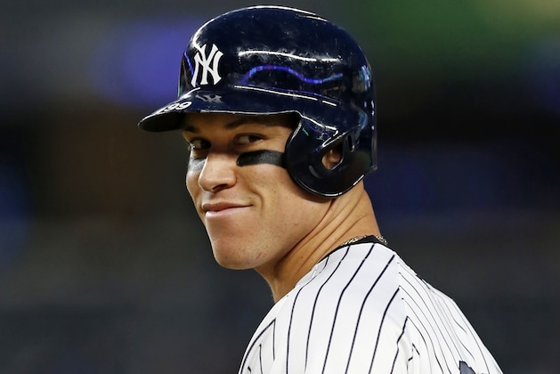 New York Yankees Aaron Judge (99) reacts after drawing a walk in a baseball game against the Kansas City Royals at Yankee Stadium in New York, Tuesday, May 23, 2017.  (AP Photo/Kathy Willens)